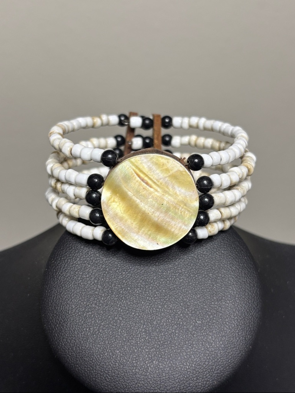 Mother of Pearl Wood Shell Boho Beaded Wire Wrap Bracelet OSFM